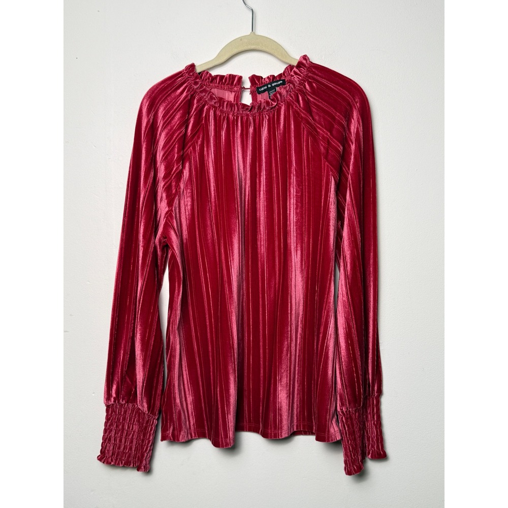 Pink Red Pleated Velvet Blouse Cable & Gauge Smocked Cuff Mock Neck Medium
